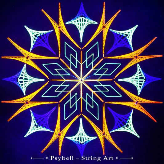 Handmade UV string art "Plameňová Aster" by Psybell – colorful geometric star pattern nail and thread artwork