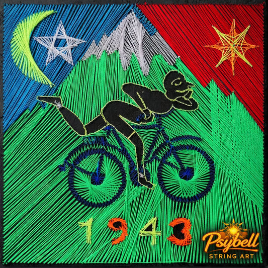 string art Hoffman trip scene featuring colorful cotton yarn on wooden board inspired by Bicycle Day 1943 with detailed handwoven thread composition by Psybell