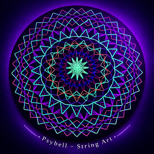 Handmade UV string art "Hypnotická Mandala" by Psybell – hypnotic geometric string art mandala