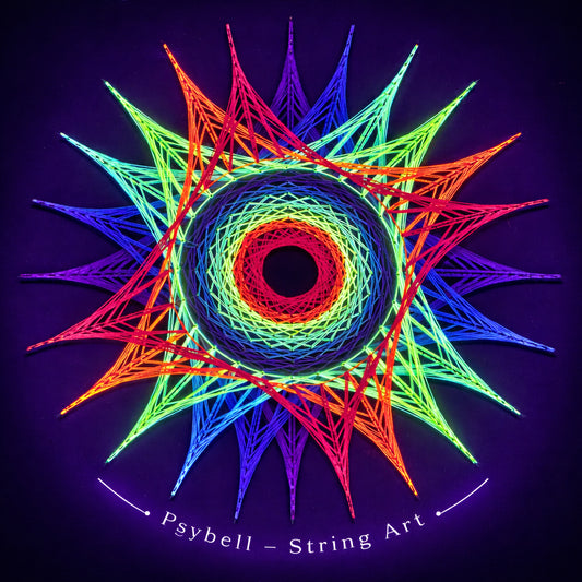 Handmade UV string art "Dúhová Singularita" by Psybell – psychedelic rainbow geometric string art pattern