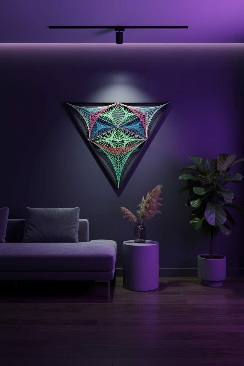 UFO Alien UV Reactive String Art by Psybell in atmospheric interior