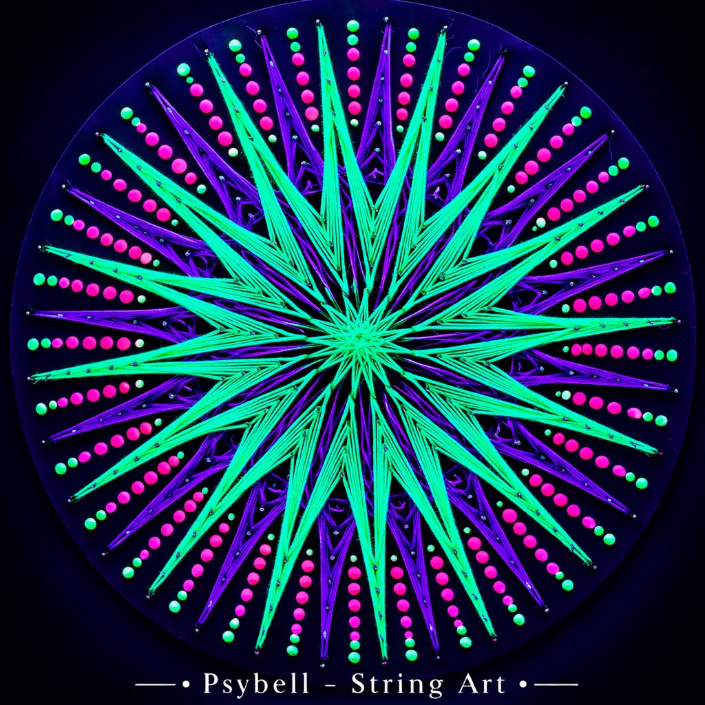 UV reactive string art Jellyfish Pattern by Psybell featuring psychedelic mandala design with vibrant neon cotton yarn and precise nail pattern