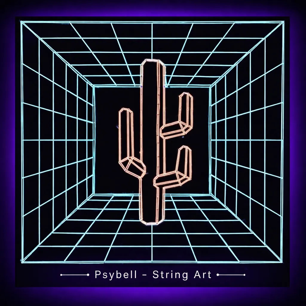 Handmade UV string art "Cactus" by Psybell – geometric cactus inspired nail and thread artwork