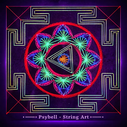 Handmade UV string art "King's Garden" by Psybell – psychedelic geometric floral string art pattern