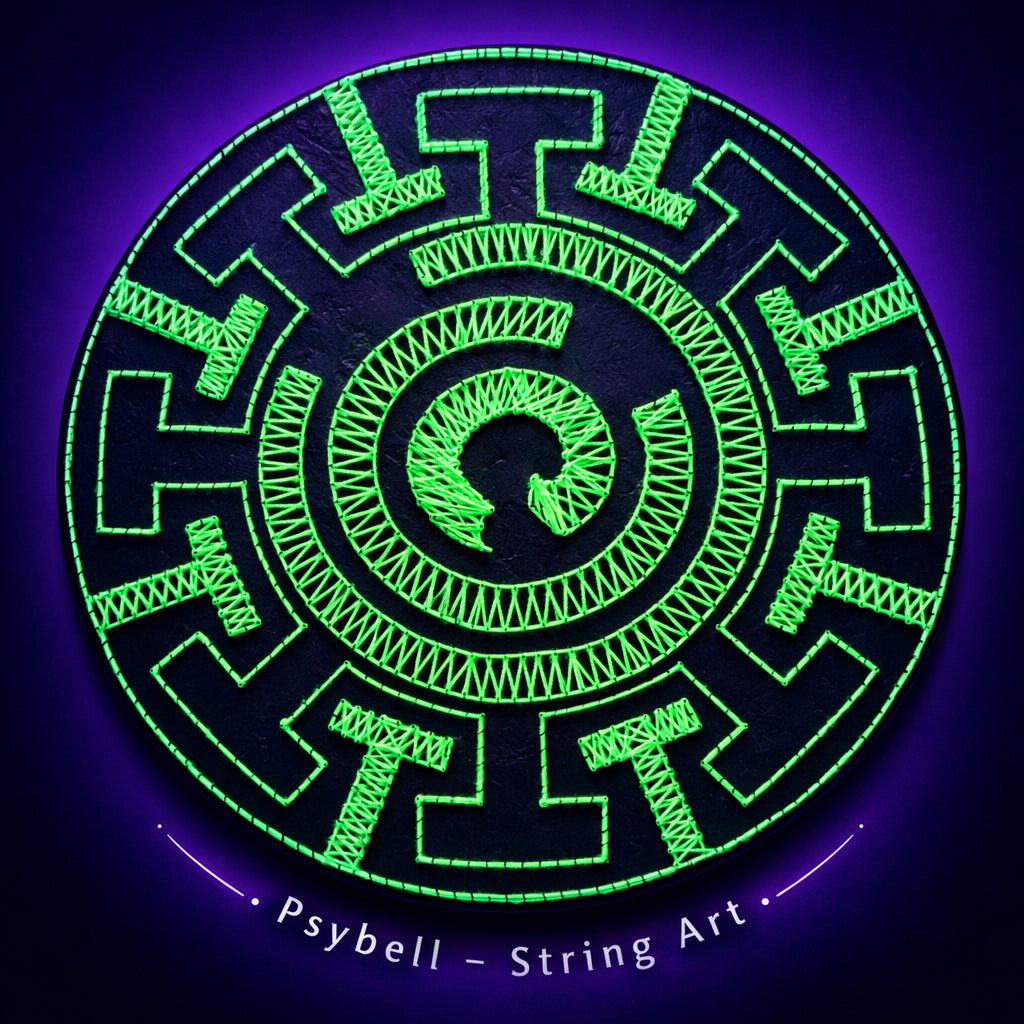 Handmade UV string art "Labyrint" by Psybell – intricate geometric labyrinth string art design