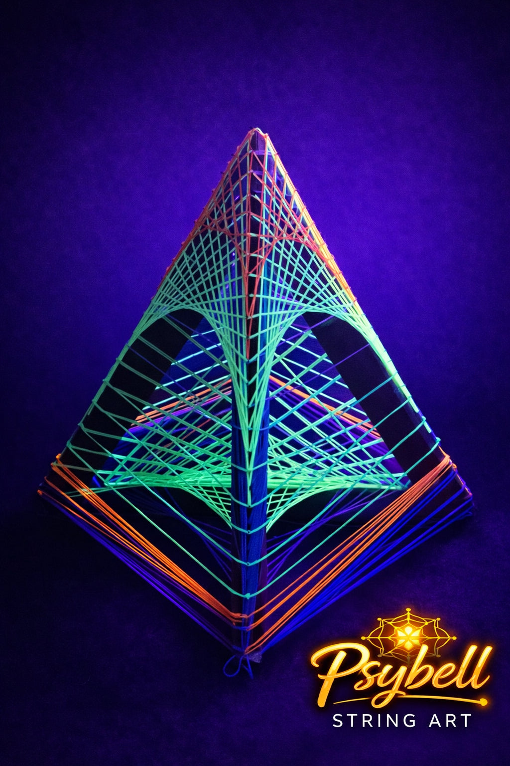 UV reactive string art Little Pyramid by Psybell featuring psychedelic 3D geometric structure with vibrant neon cotton yarn and precise nail construction