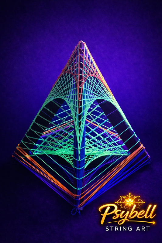 UV reactive string art Little Pyramid by Psybell featuring psychedelic 3D geometric structure with vibrant neon cotton yarn and precise nail construction