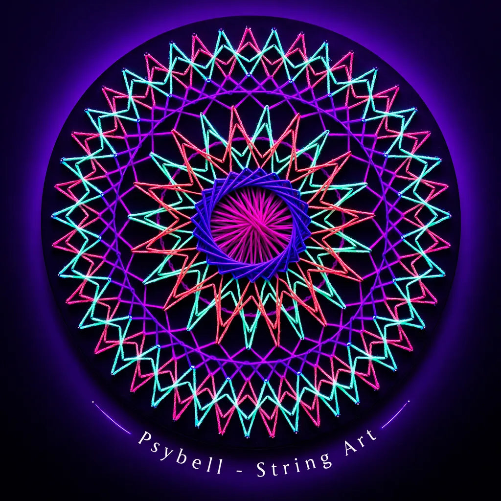 Handmade UV string art "Mandala #7" by Psybell – psychedelic geometric mandala nail and thread artwork