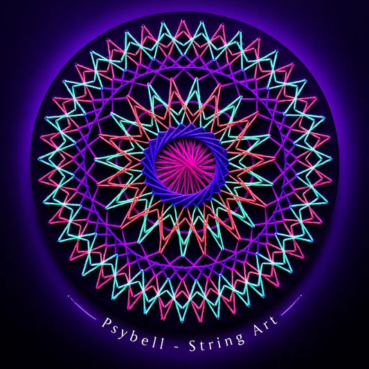 Handmade UV string art "Mandala #7" by Psybell – psychedelic geometric mandala nail and thread artwork