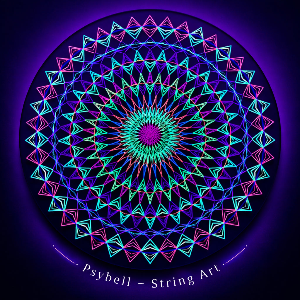 Handmade UV string art "Mandala Vibe" by Psybell – colorful geometric mandala nail and thread artwork