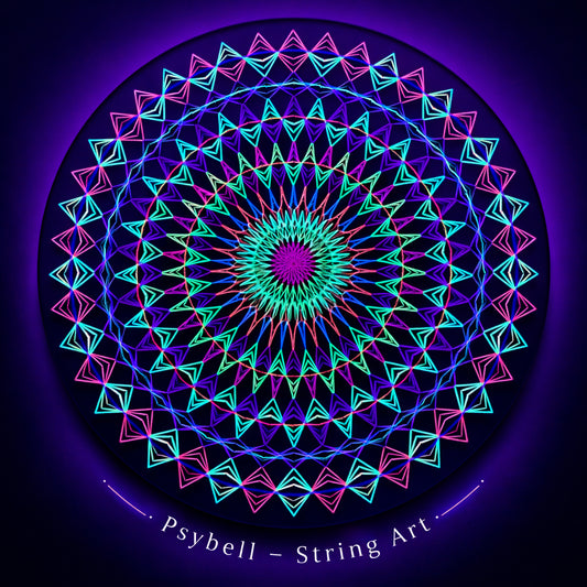 Handmade UV string art "Mandala Vibe" by Psybell – colorful geometric mandala nail and thread artwork