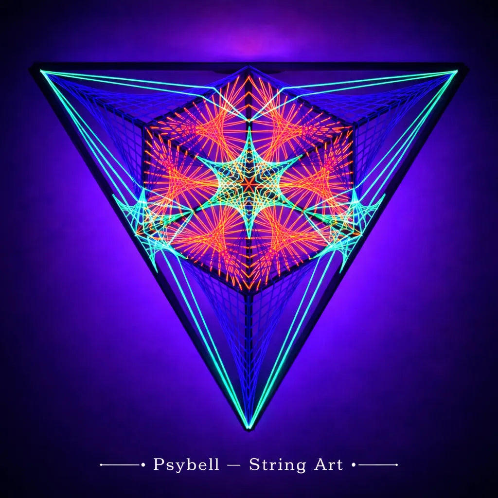 UV string art mitsubishi triple double featuring neon cotton yarn on wooden slats with complex parabolic and symetric patterns forming a layered triangular structure inspired by psytrance stage design by Psybell