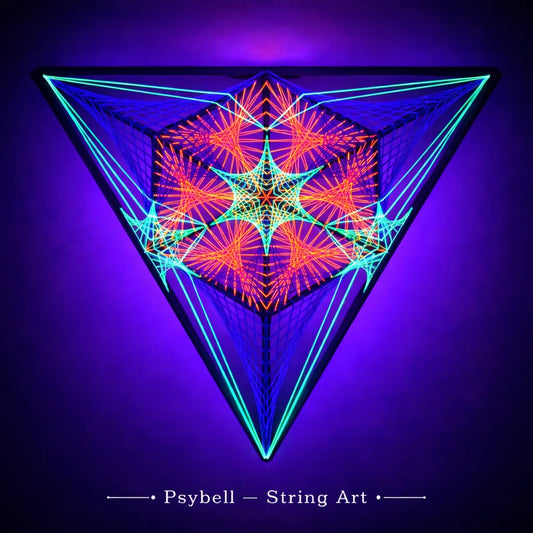 UV string art mitsubishi triple double featuring neon cotton yarn on wooden slats with complex parabolic and symetric patterns forming a layered triangular structure inspired by psytrance stage design by Psybell