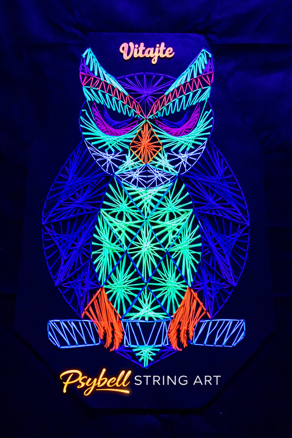 UV string art Owl featuring colorful neon cotton yarn on wood with detailed parabolic UV shining cotton  patterns and geometric design by Psybell