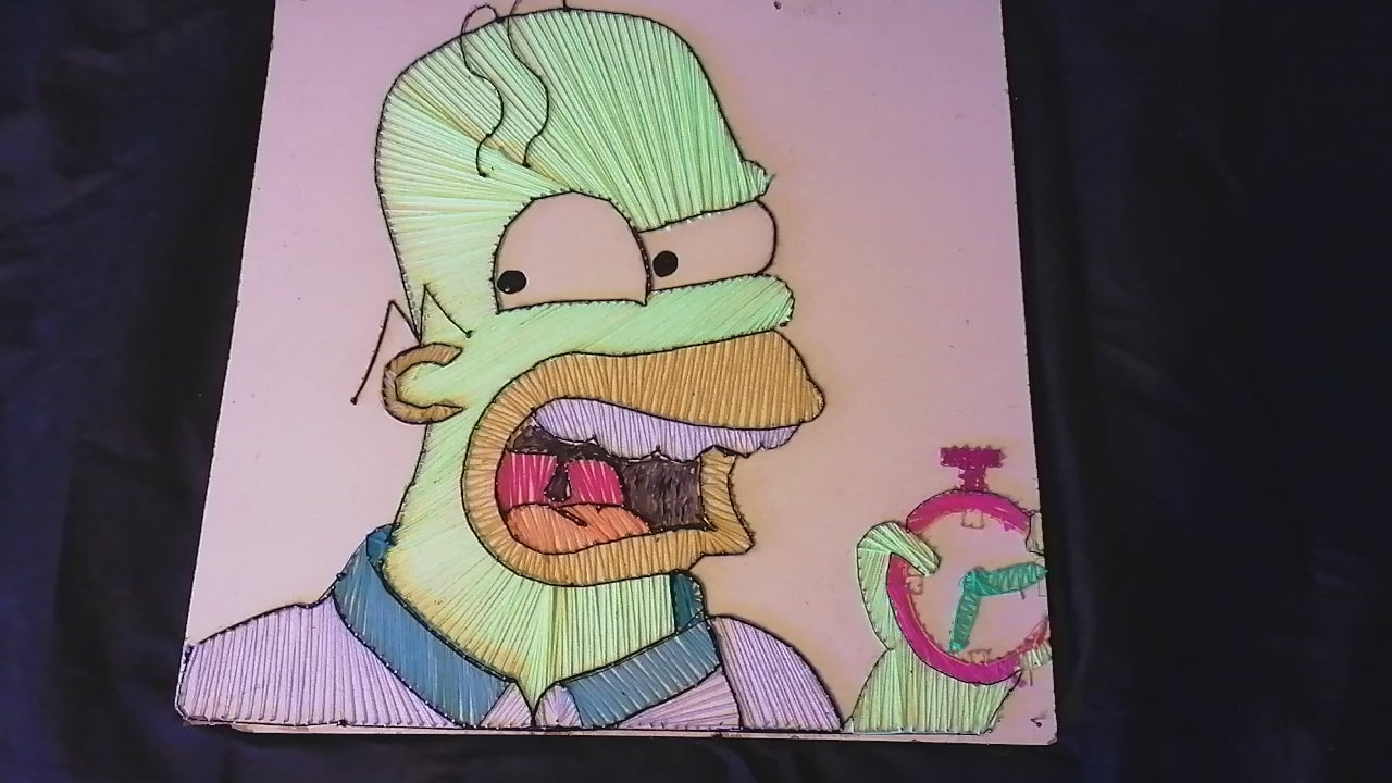 Video with string art Homer Simson - Time! The string art is fluorescent and UV reactive cottons are use. Handmade cartoon character by Psybell