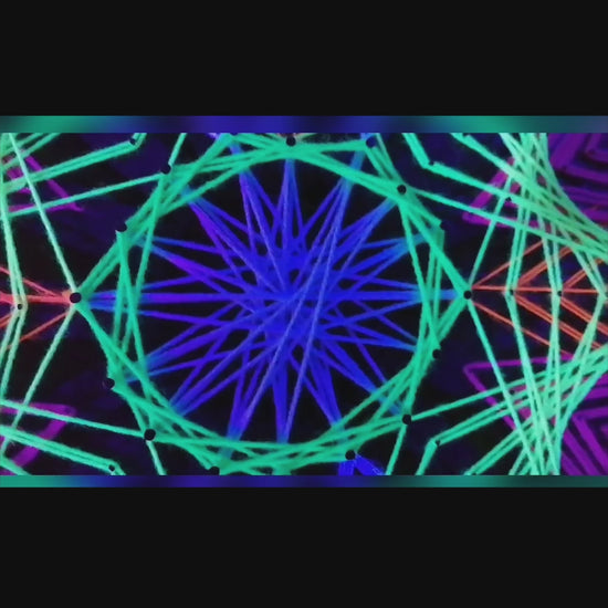 UV reactive Colorsun string art detail captured on video, glowing threads and geometric mandala pattern under ultraviolet light, handmade artwork by Psybell