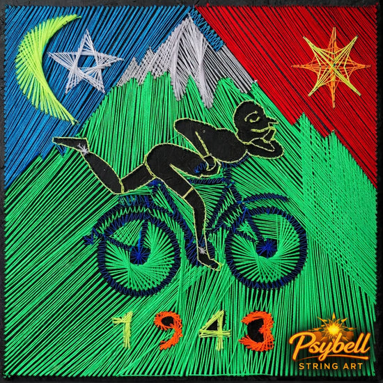 string art Hoffman trip detailed view showcasing handwoven uv-reactive cotton on wooden MDF board from multiple angles. Inspired by Bicycle Day 1943... made by Psybell