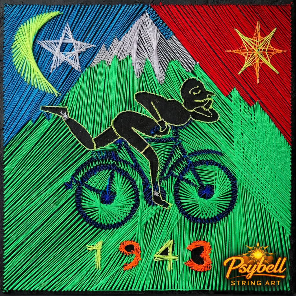 string art Hoffman trip detailed view showcasing handwoven uv-reactive cotton on wooden MDF board from multiple angles. Inspired by Bicycle Day 1943... made by Psybell