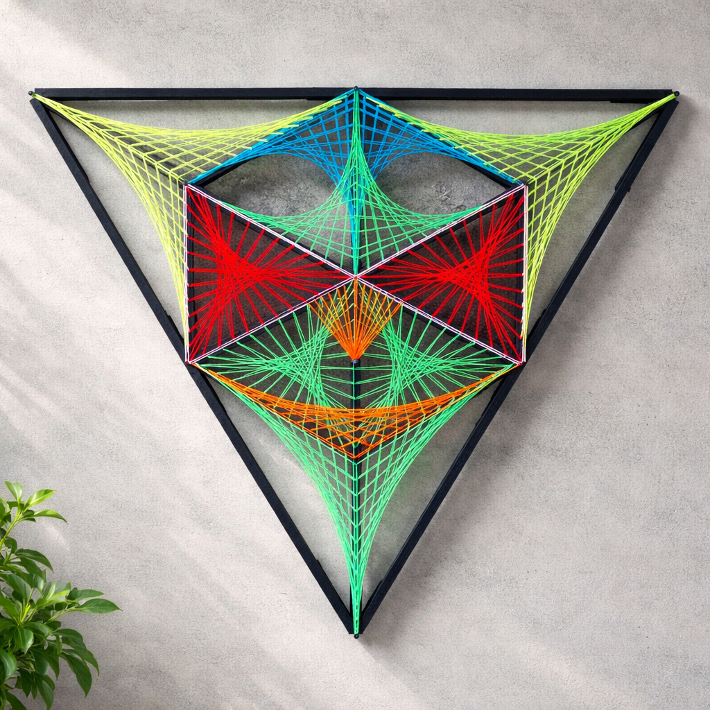 Geometric string art wall artwork Alien Hunter by Psybell mounted on a grey wall