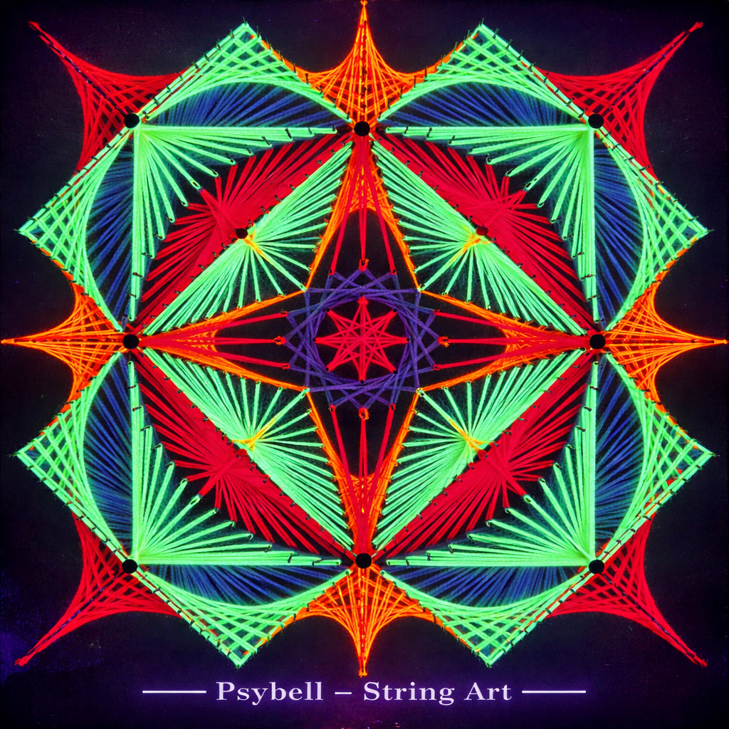 Handmade UV string art "Flowers of Symmetry" by Psybell – colorful symmetrical geometric string art flower pattern