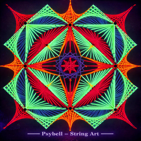 Handmade UV string art "Flowers of Symmetry" by Psybell – colorful symmetrical geometric string art flower pattern
