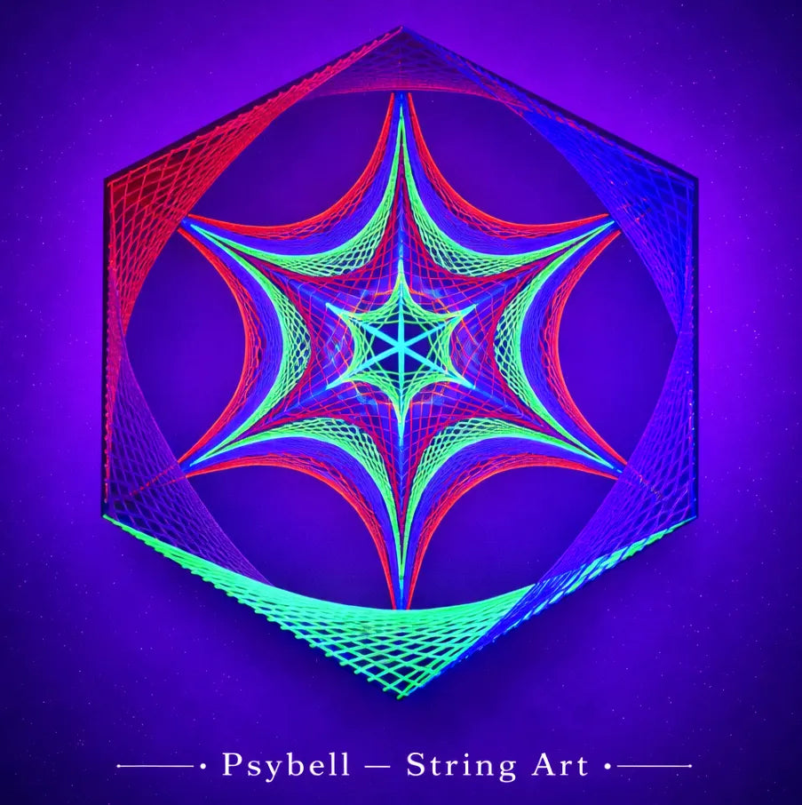 UV string art Rainbow Hexagon by Psybell featuring geometric mandala design on wooden base with vibrant neon cotton yarn and precise nail pattern