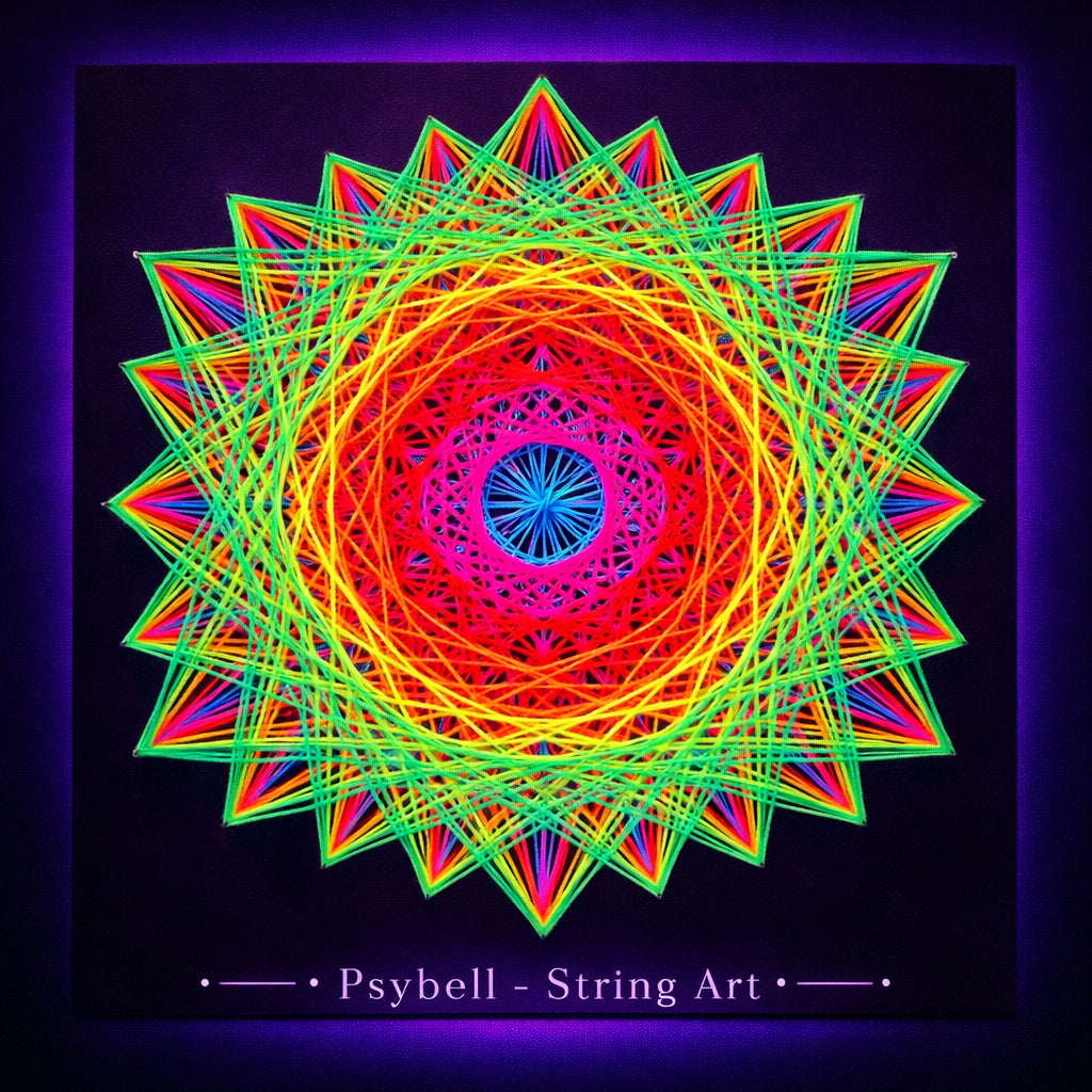 Handmade UV string art "Rainbow Hexagon – Green Edge" by Psybell – rainbow hexagon geometric nail and thread artwork