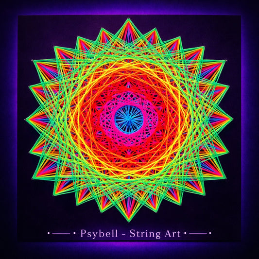 Handmade UV string art "Rainbow Hexagon – Green Edge" by Psybell – rainbow hexagon geometric nail and thread artwork
