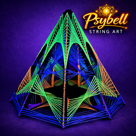 UV reactive string art Rocket Pyramid by Psybell featuring psychedelic 3D geometric structure with vibrant neon cotton yarn and precise nail construction