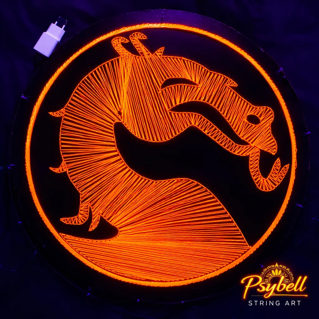 UV string art scorpion inspired by Mortal Kombat by Psybell featuring glowing circular design with orange neon cotton yarn and iconic fighting character silhouette dragon