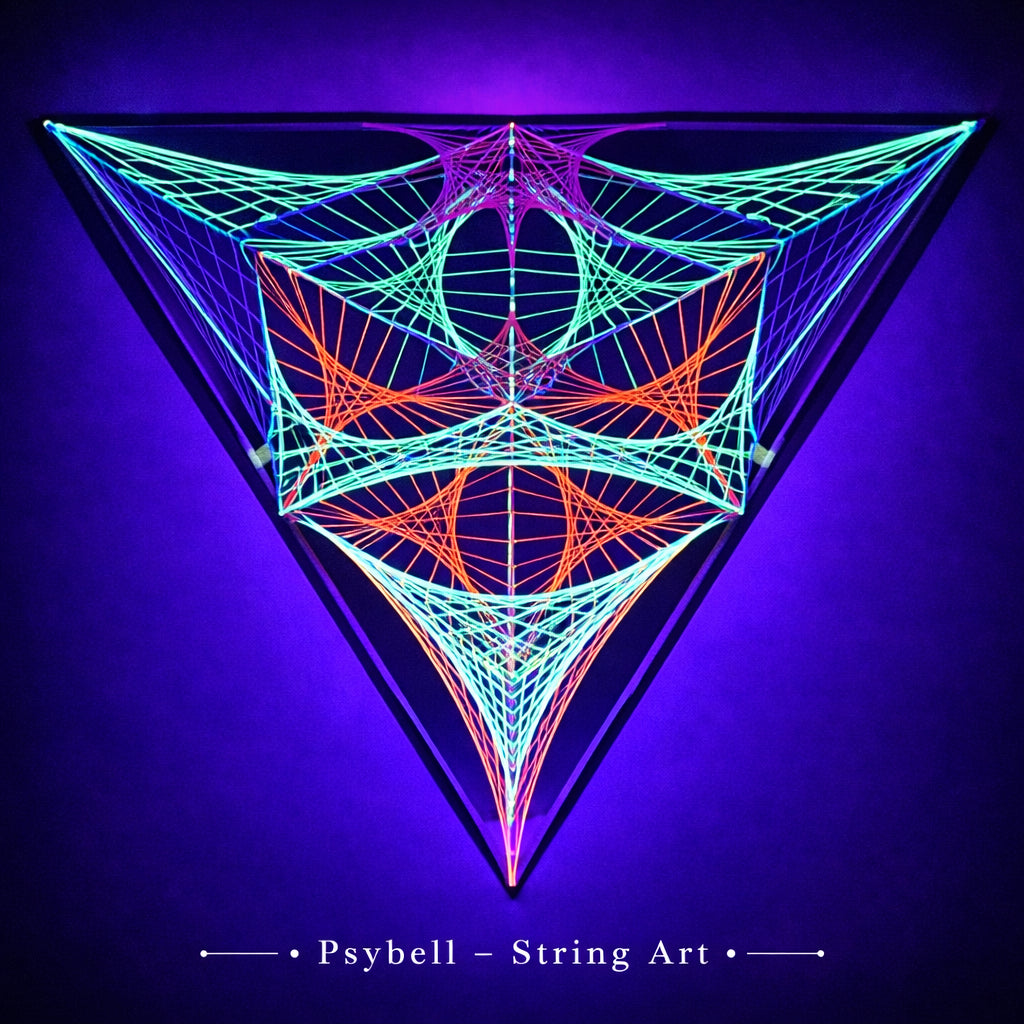 UV string art "Strict alien" featuring neon cotton yarn on wooden slats with detailed parabolic thread patterns forming a strict alien face design by Psybell