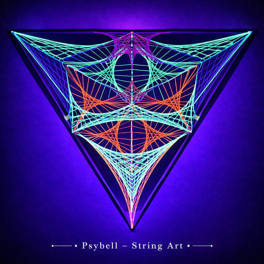 UV string art "Strict alien" featuring neon cotton yarn on wooden slats with detailed parabolic thread patterns forming a strict alien face design by Psybell