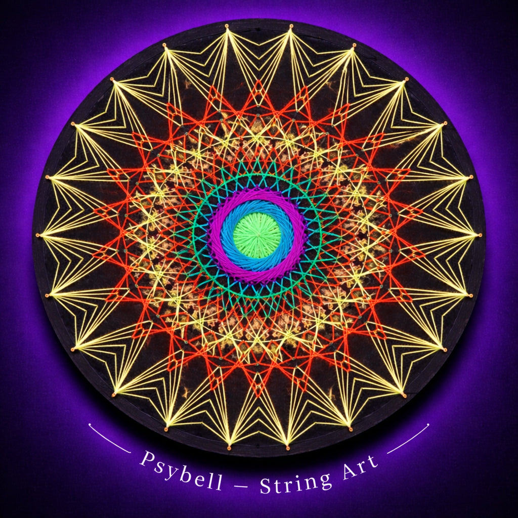 Handmade UV string art "Sun Mandala" by Psybell – radiant geometric mandala made with nails and thread
