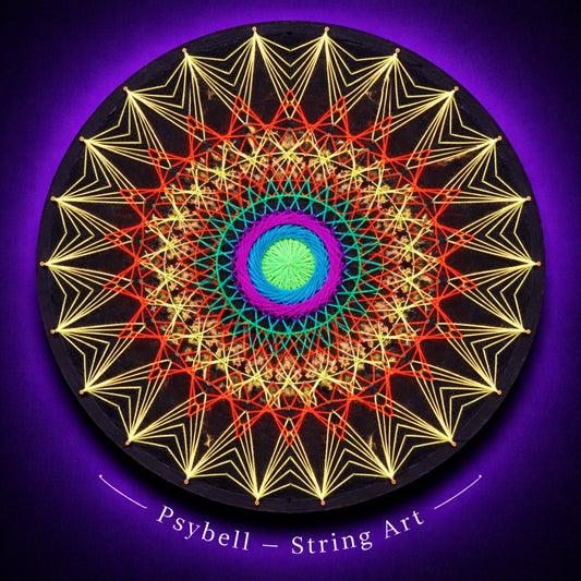 Handmade UV string art "Sun Mandala" by Psybell – radiant geometric mandala made with nails and thread