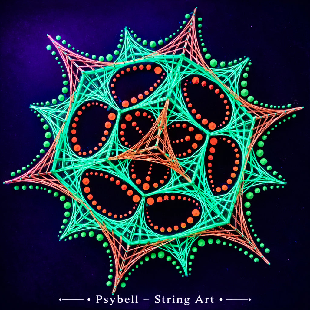 Handmade UV string art "Transformer" by Psybell – psychedelic geometric nail and thread artwork