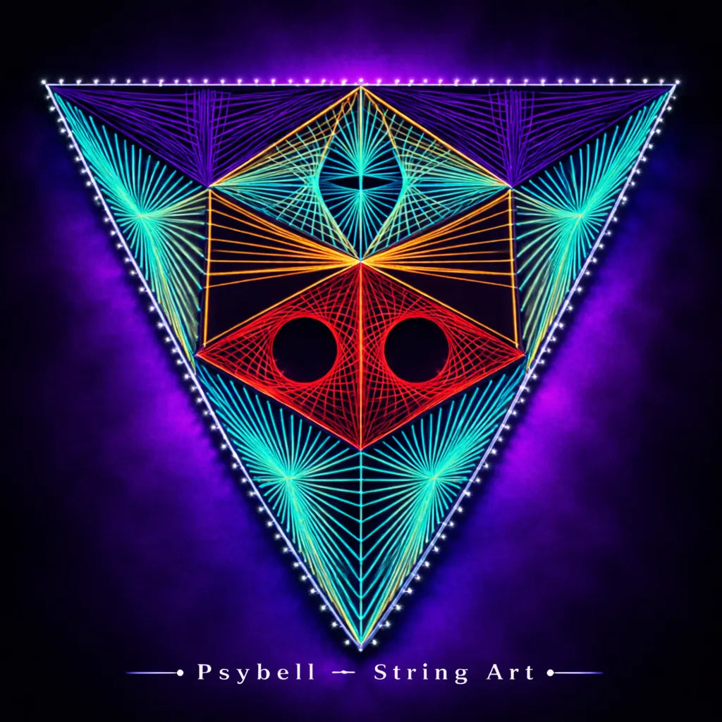 UV string art "Triad sentinel" featuring neon cotton yarn on wooden slats with detailed parabolic patterns forming a triangular guardian structure with others triangles from this collection. Design by Psybell