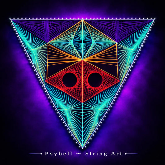 UV string art "Triad sentinel" featuring neon cotton yarn on wooden slats with detailed parabolic patterns forming a triangular guardian structure with others triangles from this collection. Design by Psybell