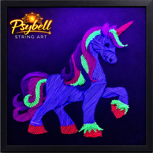 UV string art unicorn by Psybell featuring colorful cotton yarn character design with neon details, inspired by handmade custom artwork and gift creation