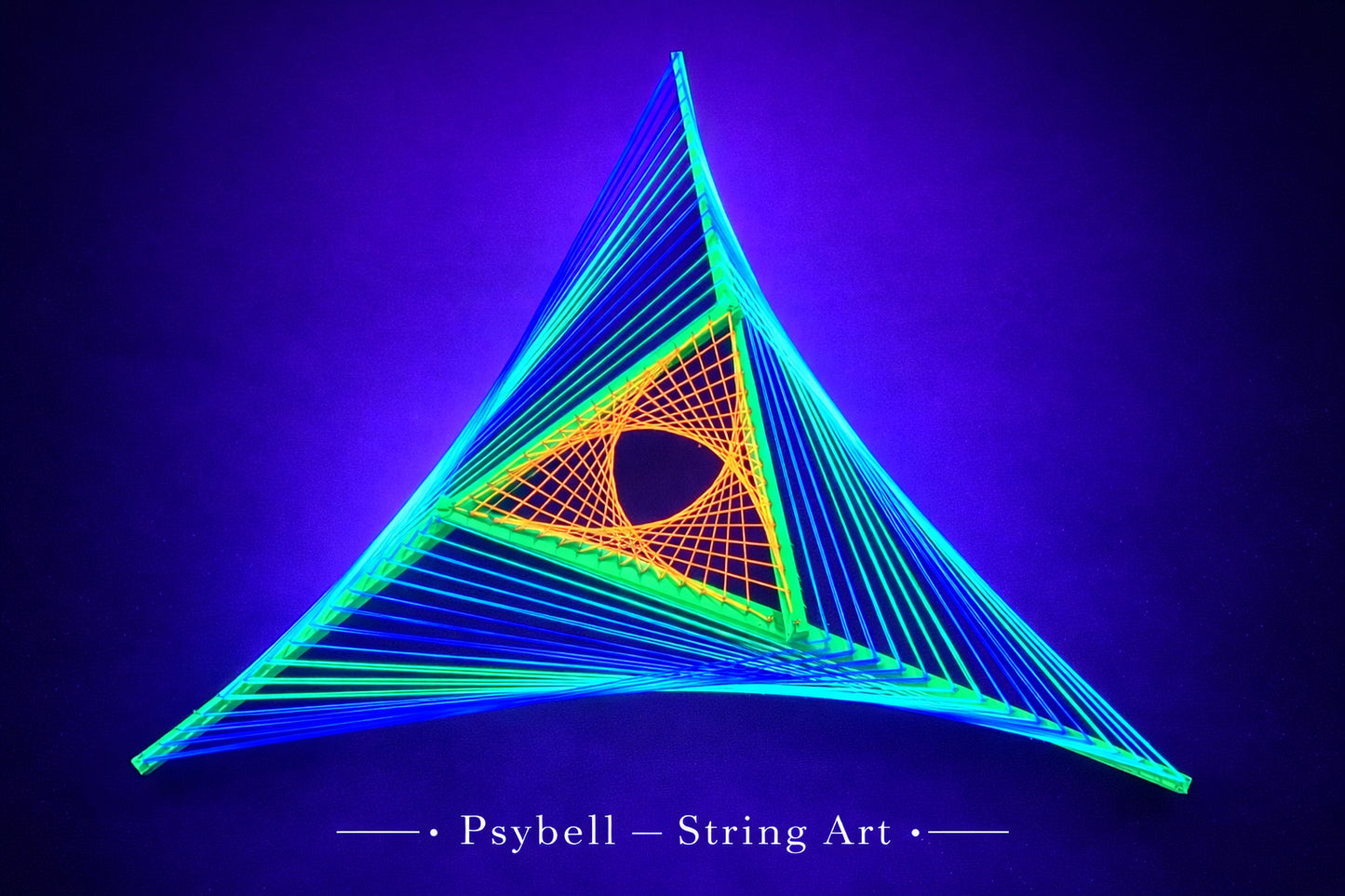 UV reactive string art windmill by Psybell on wooden slats featuring parabolic thread pattern inspired by rotational symmetry and motion