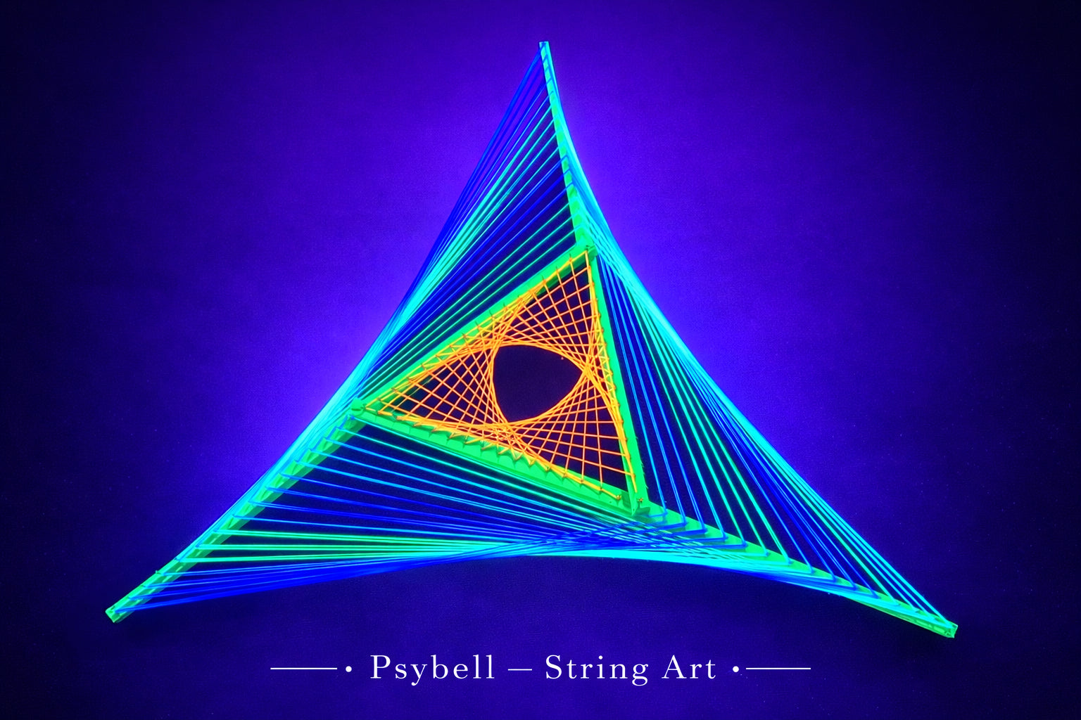 UV reactive string art windmill by Psybell on wooden slats featuring parabolic thread pattern inspired by rotational symmetry and motion
