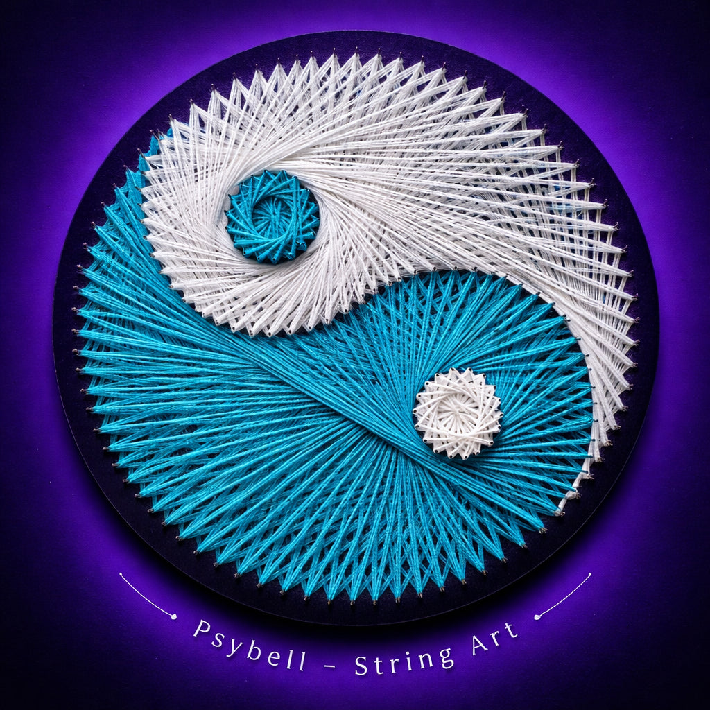 Handmade UV string art "Corridor" by Psybell – psychedelic geometric corridor illusion string art design